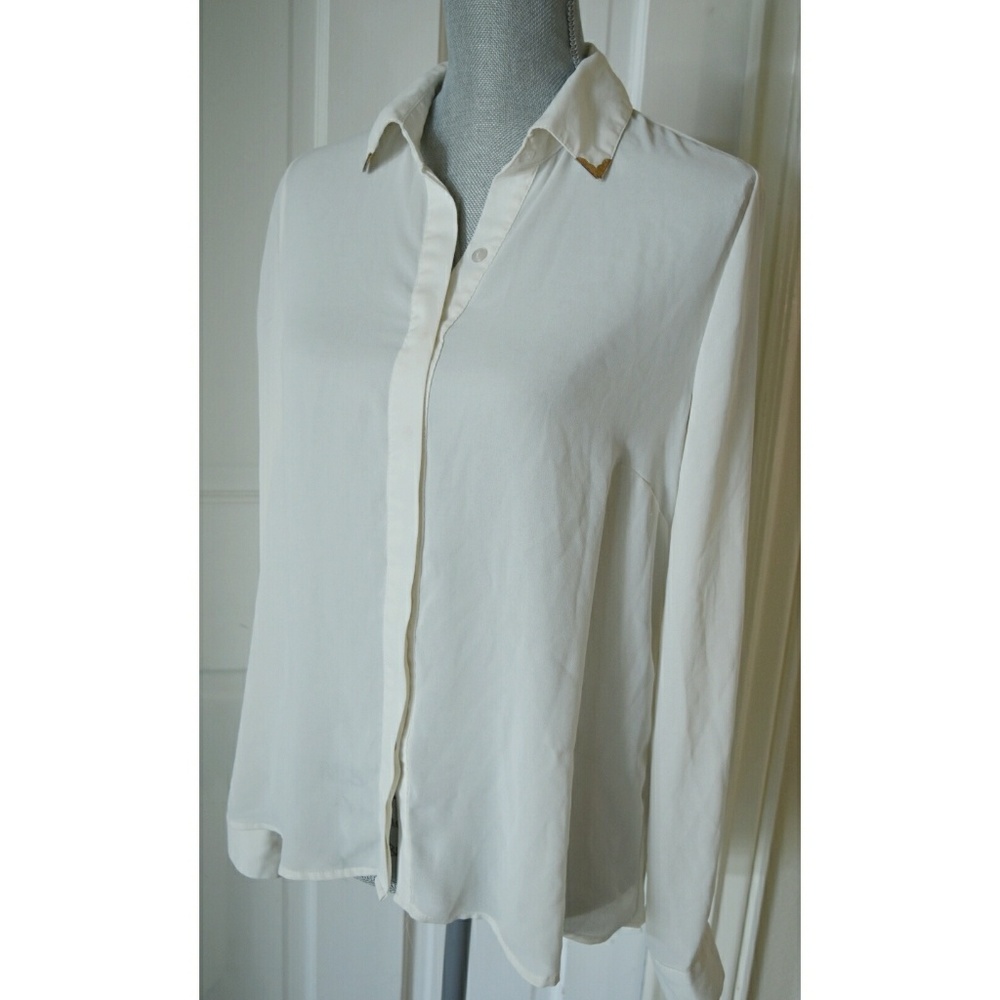 Ivory Long Sleeve Button Up With Metal-Tip Collar